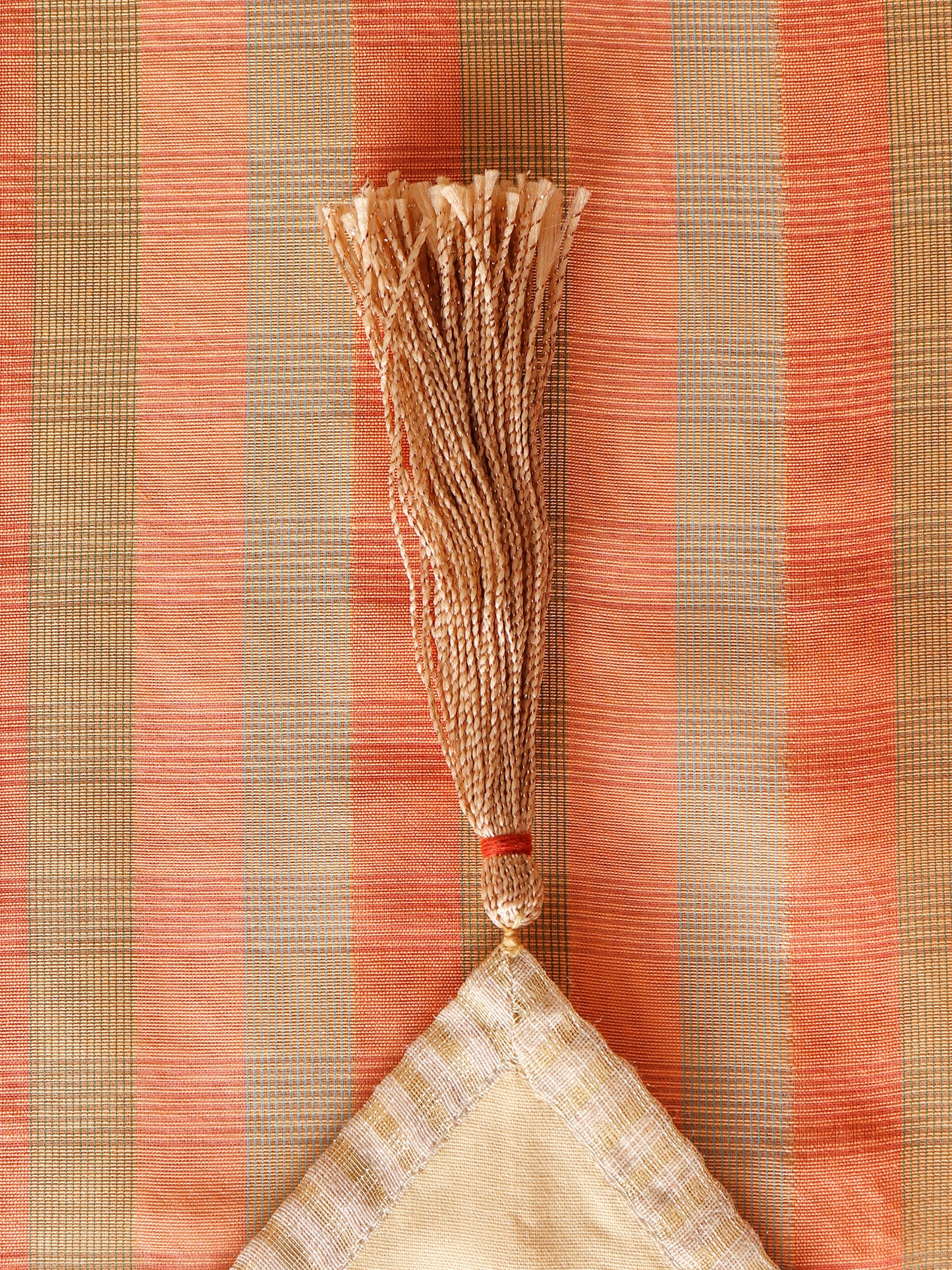 Brocade Table Runner with Checkered Pattern with Tassles | Orange - 12in X 84in