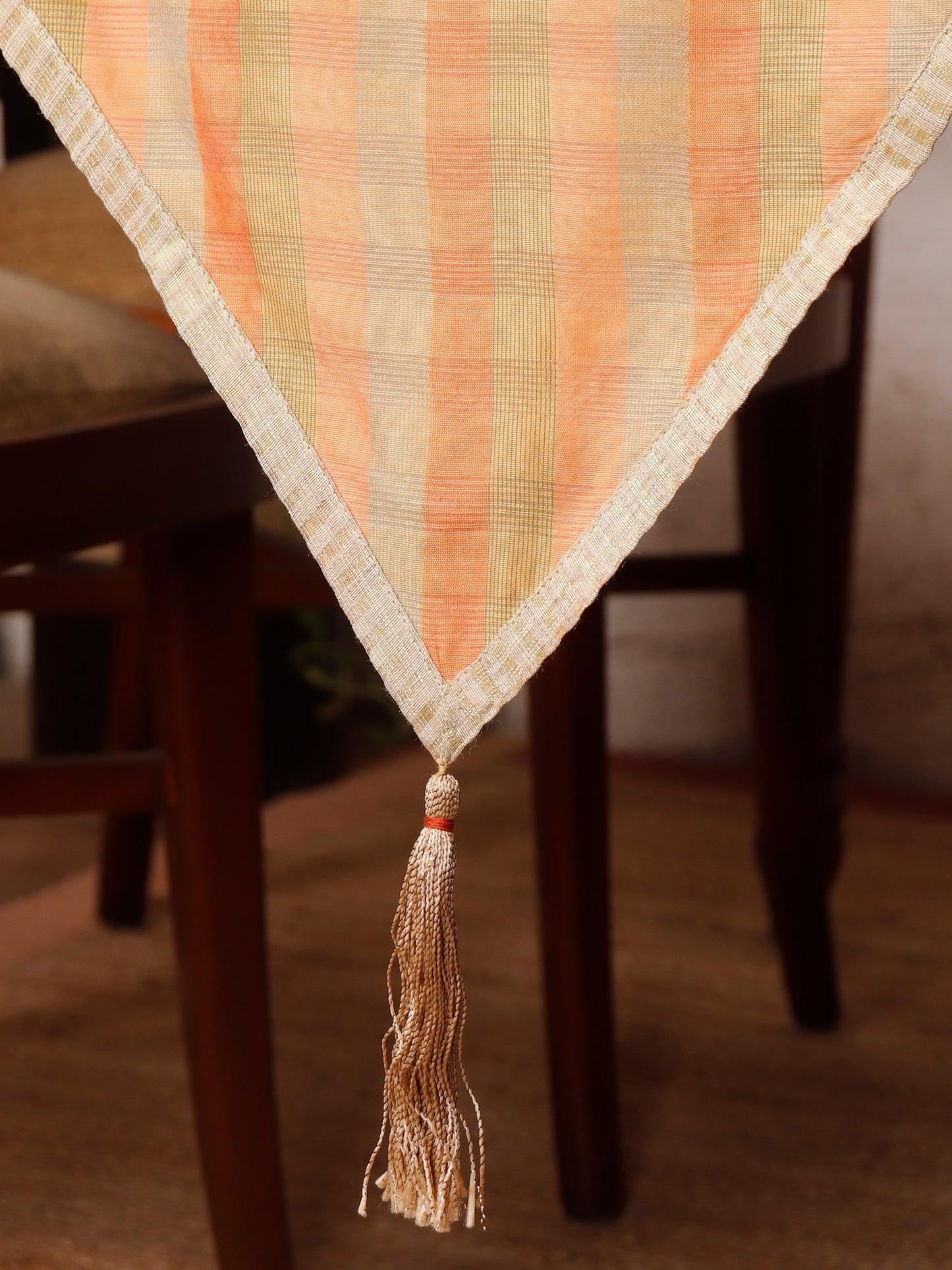 Brocade Table Runner with Checkered Pattern with Tassles | Orange - 12in X 84in