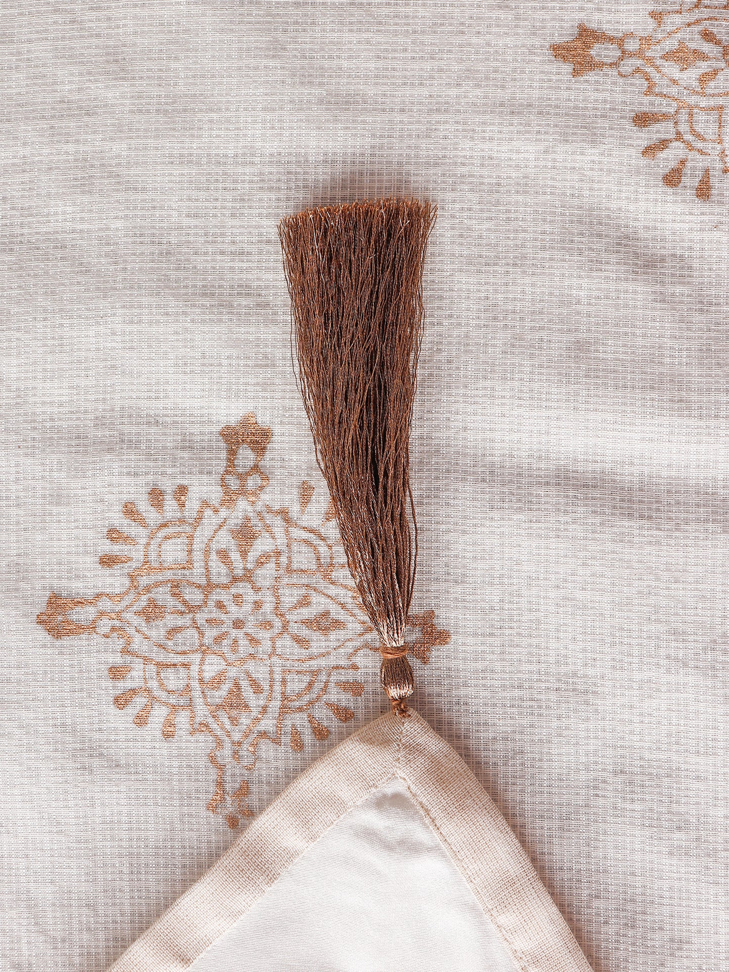 Brocade Silk Table Runner with Golden Block Print and Golden Tassles | Off White - 12in X 84in
