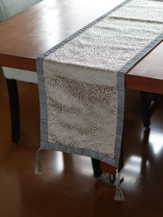 Silver Brocade Table Runner With Tassels | 12 Inch x 84 Inch