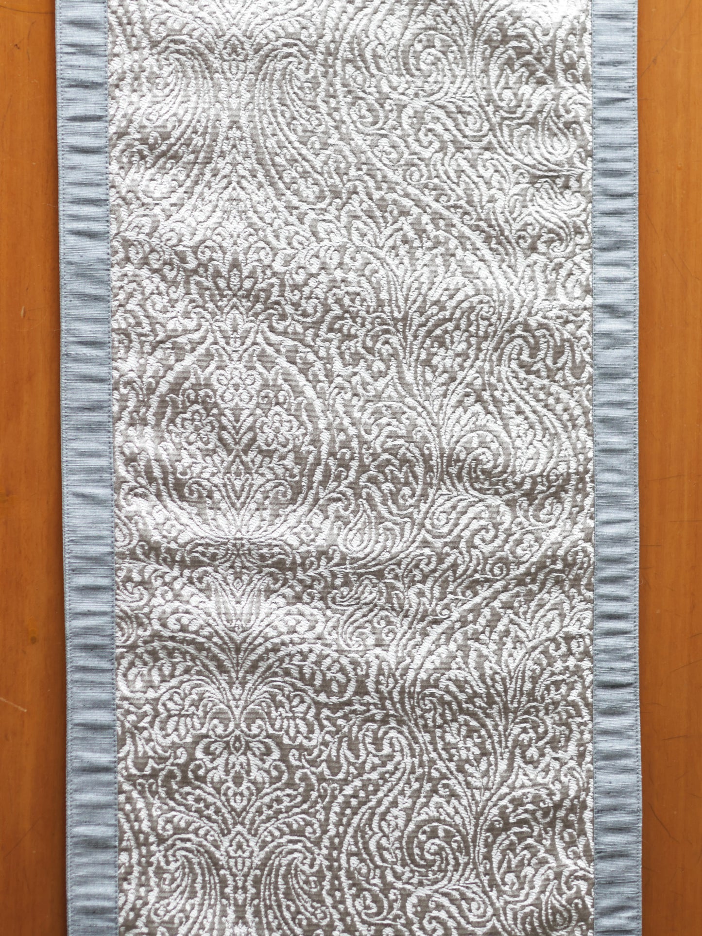Silver Brocade Table Runner With Tassels, 12x84inch