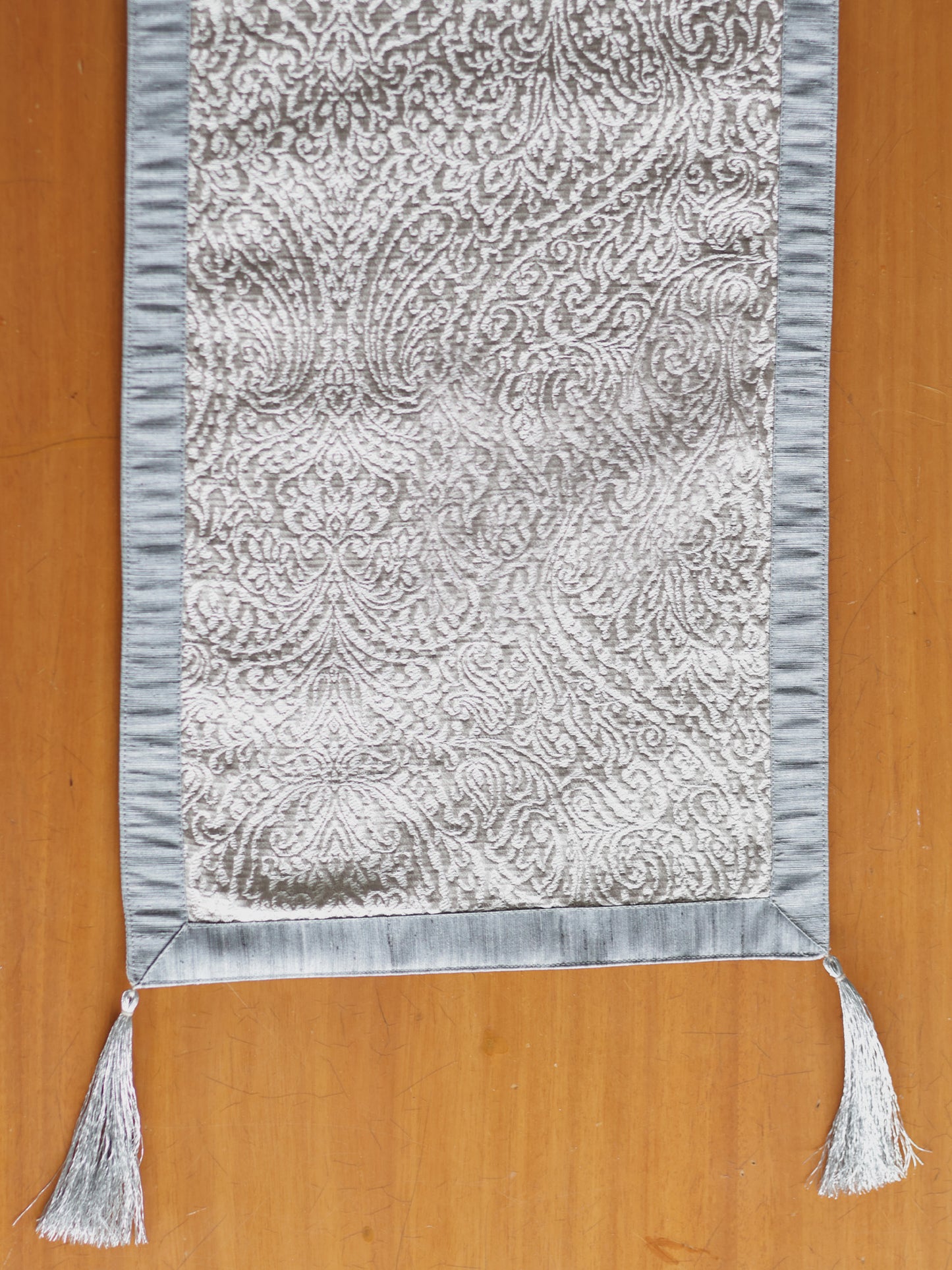 Silver Brocade Table Runner With Tassels, 12x84inch