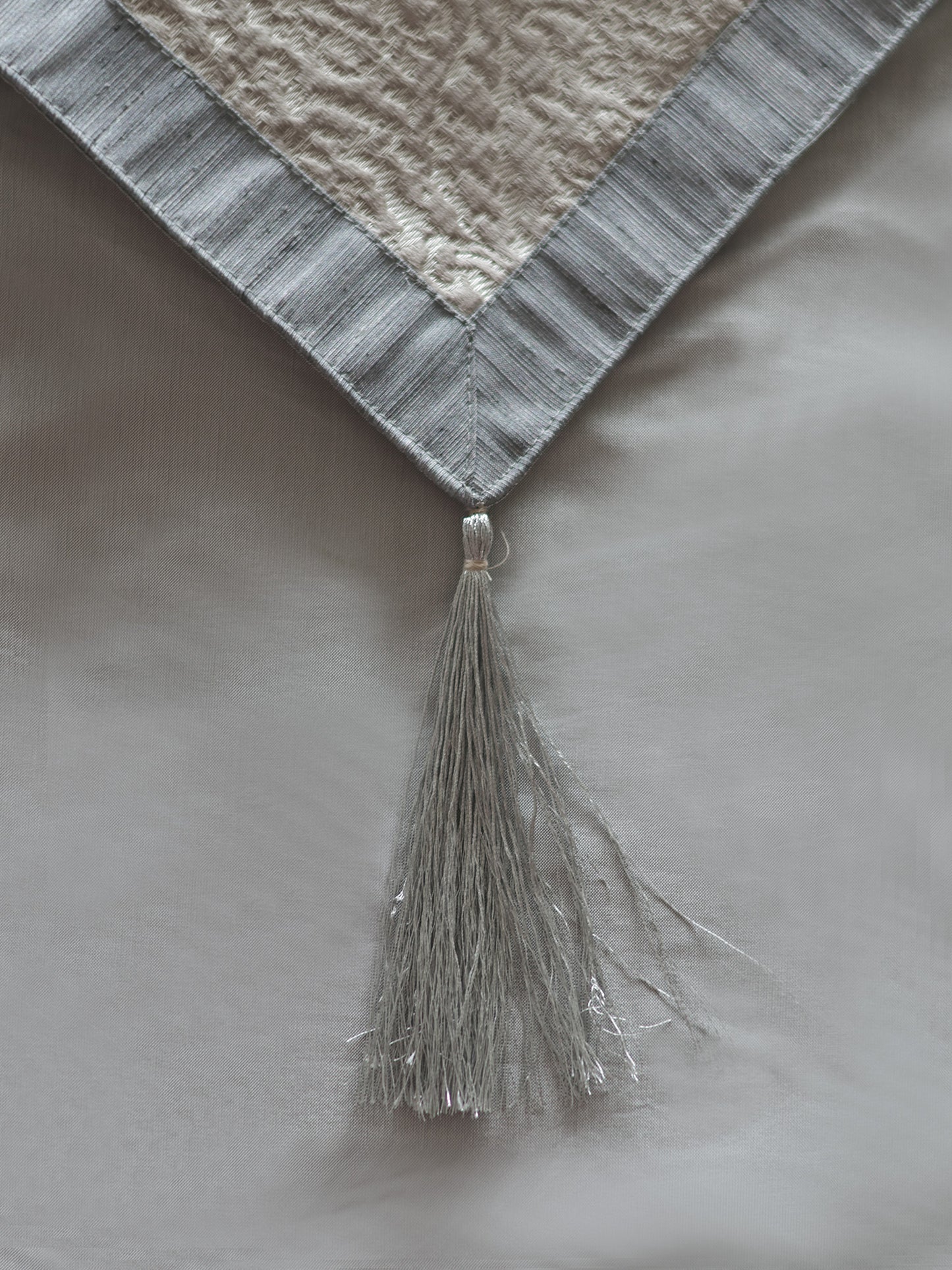 Silver Brocade Table Runner With Tassels | 12 Inch x 84 Inch