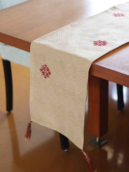 Red Motifs Embroidered Table Runner with Tassels, Brocade, 12x48inch
