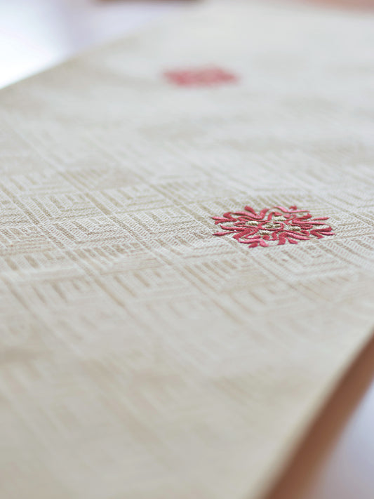 Red Motifs Embroidered Table Runner with Tassels, Brocade, 12x48inch