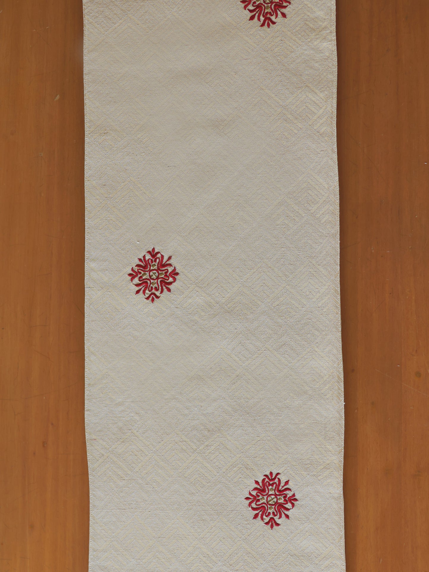 Red Motifs Embroidered Table Runner with Tassels, Brocade, 12x48inch
