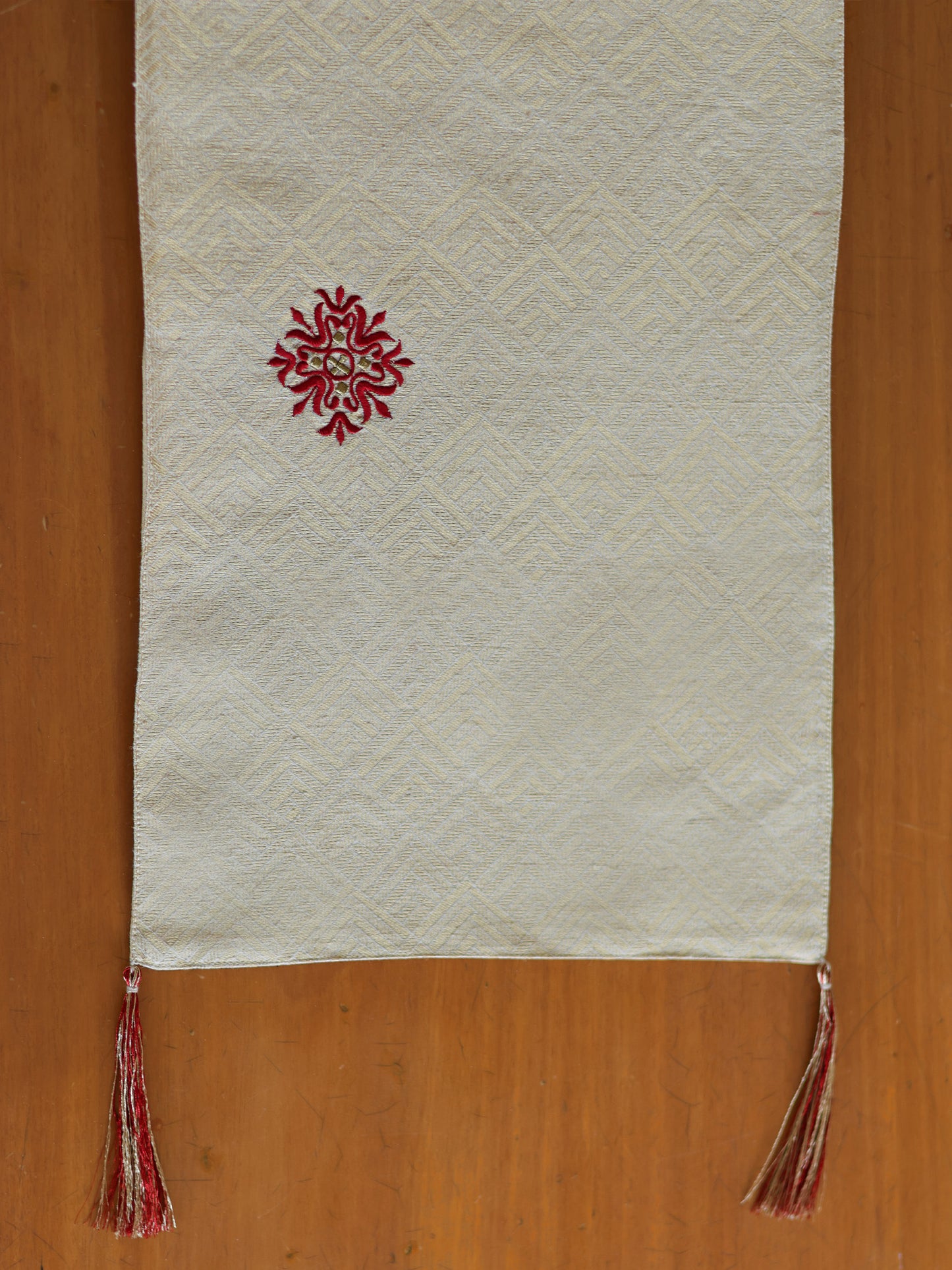 Red Motifs Embroidered Table Runner with Tassels, Brocade, 12x48inch