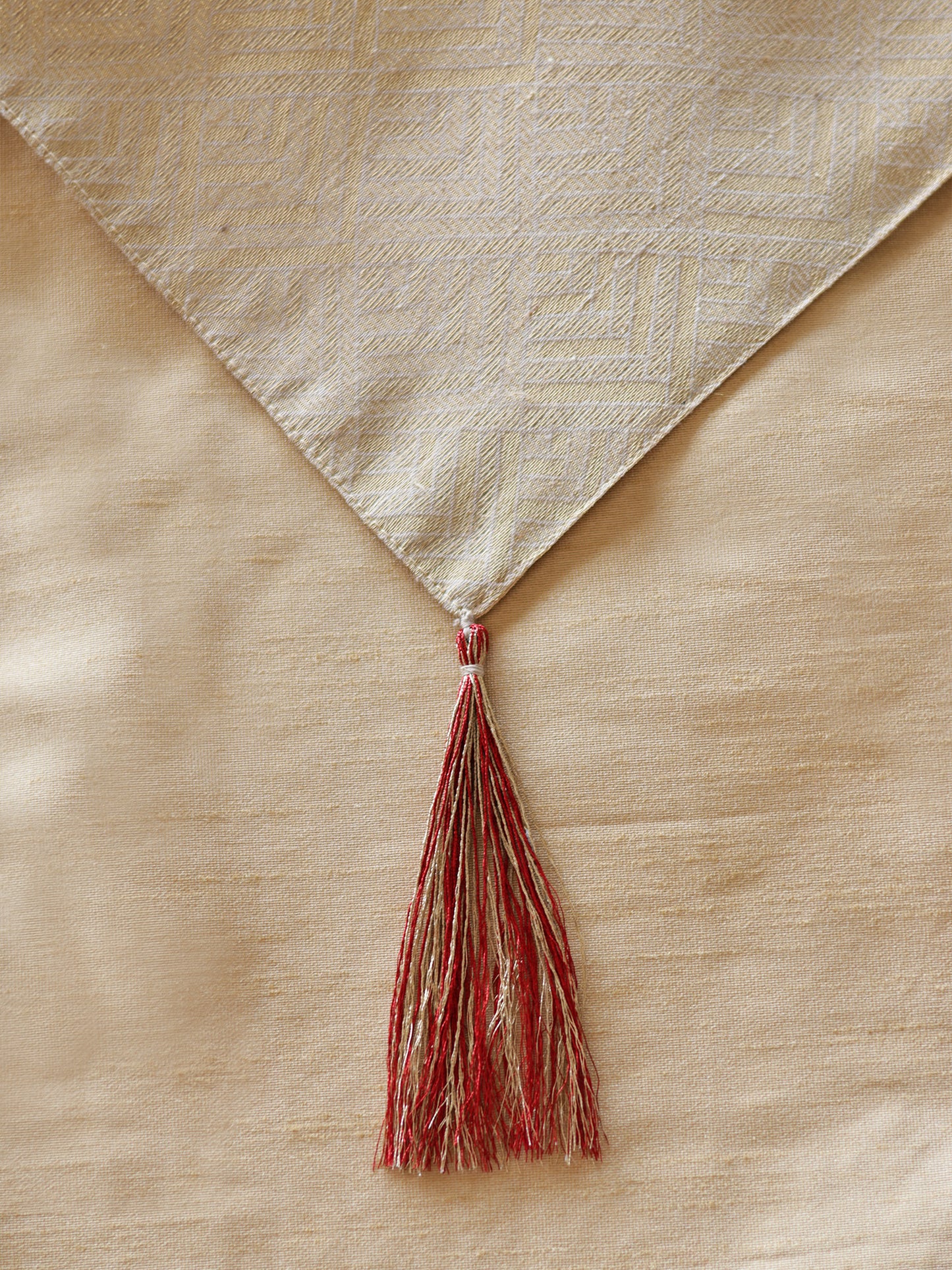 Red Motifs Embroidered Table Runner with Tassels, Brocade, 12x48inch