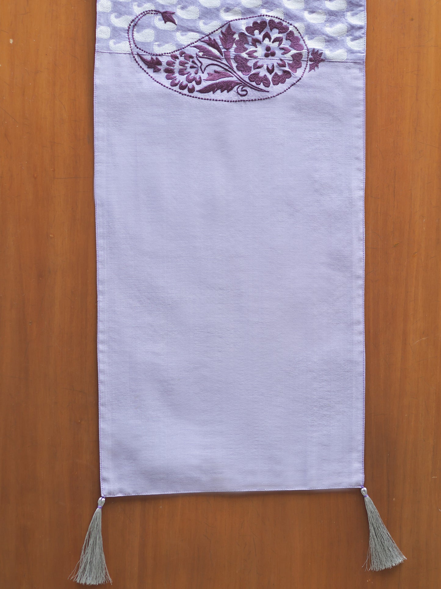 Paisley Embroidered Purple Table Runner With Tassels, Brocade, 12x84inch