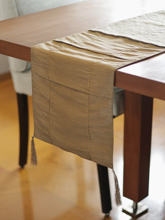 Grey & Brown Brocade Table Runner with Embroidery and Tassels, 12x84inch