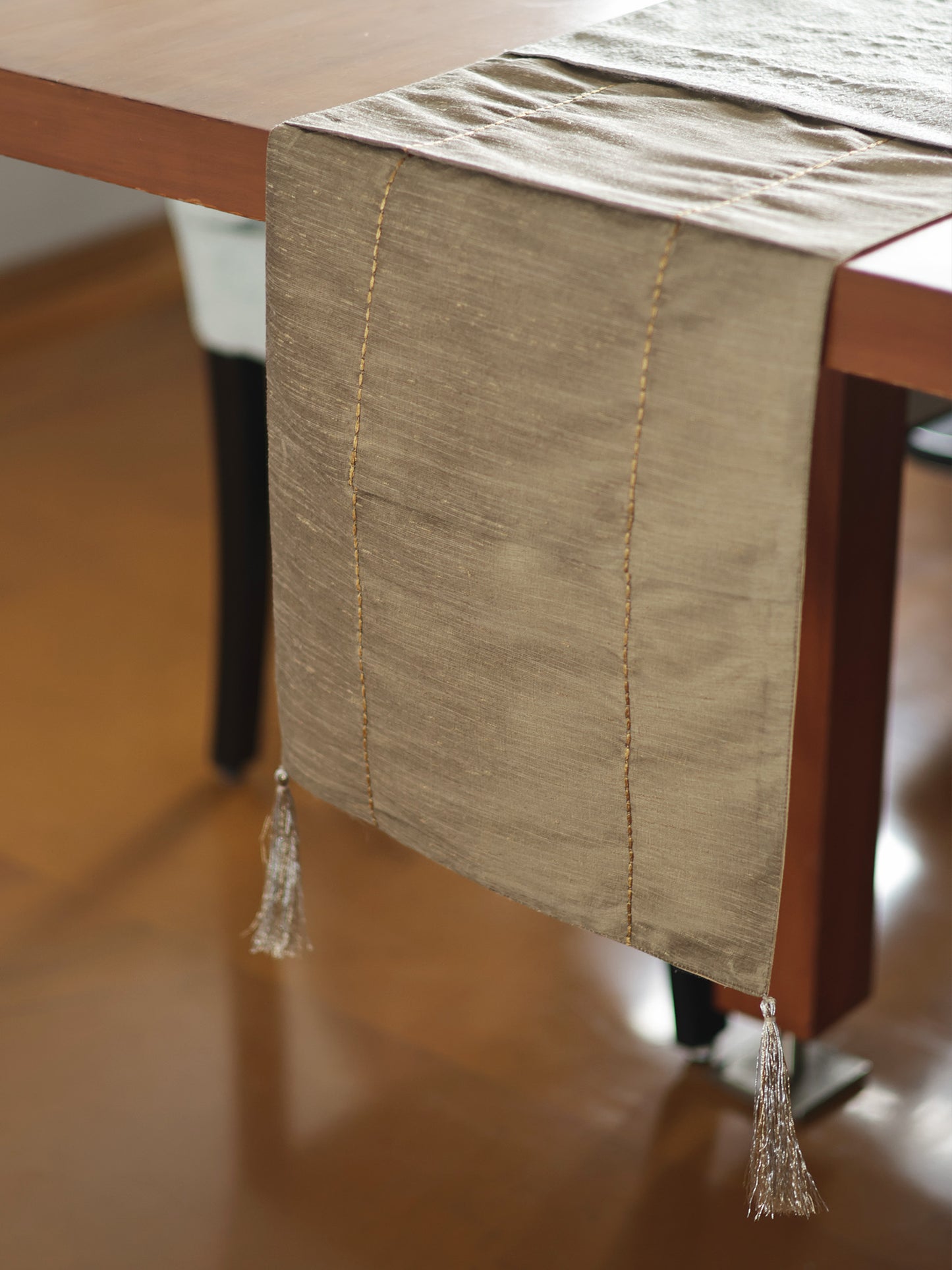 Grey & Brown Brocade Table Runner with Embroidery and Tassels, 12x84inch