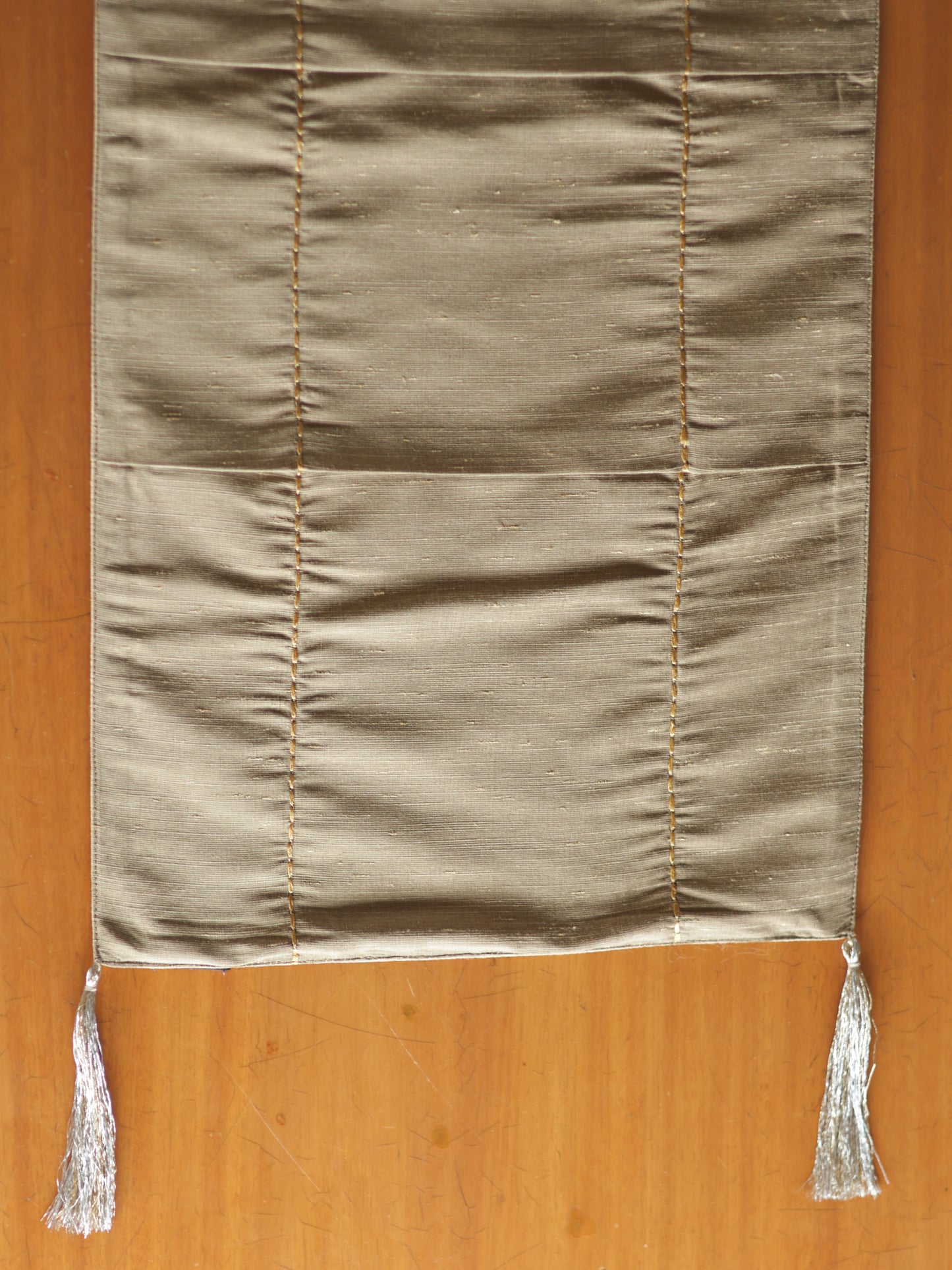 Grey & Brown Brocade Table Runner with Embroidery and Tassels, 12x84inch