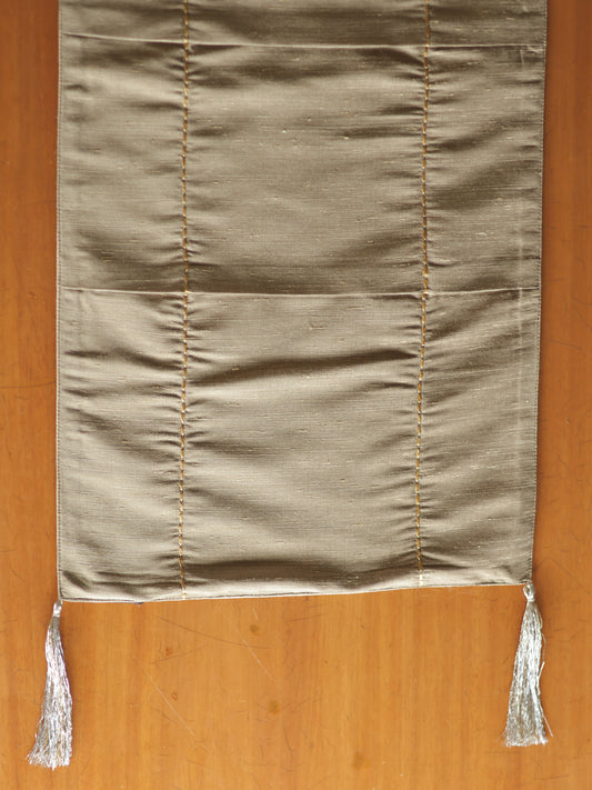 Grey & Brown Brocade Table Runner with Embroidery and Tassels | 12 Inch x 84 Inch