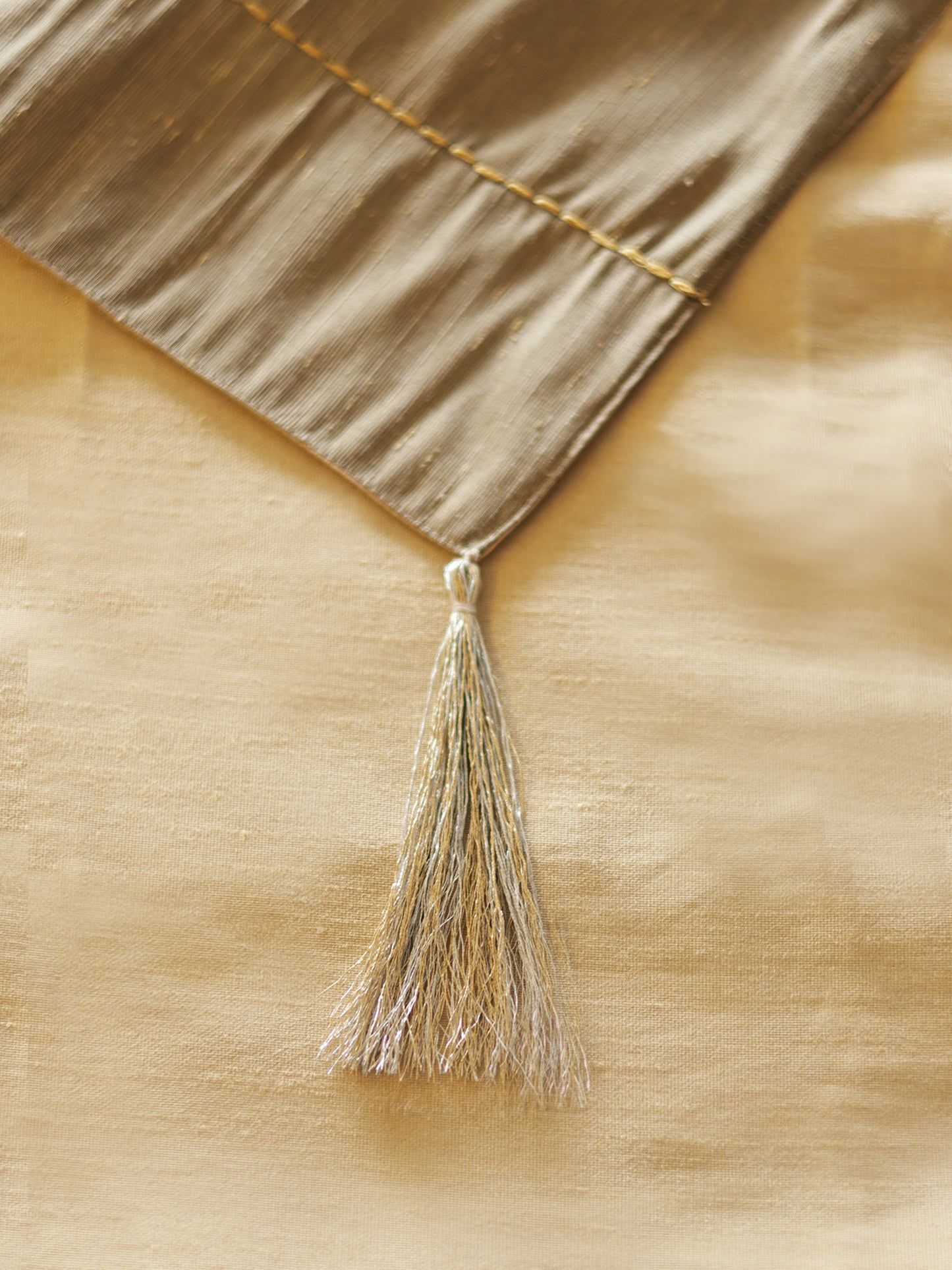 Grey & Brown Brocade Table Runner with Embroidery and Tassels, 12x84inch
