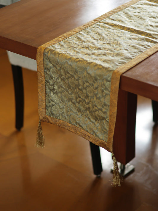 Brocade Table Runner with Golden zari and Tassels Grey| 12 x 84 inch