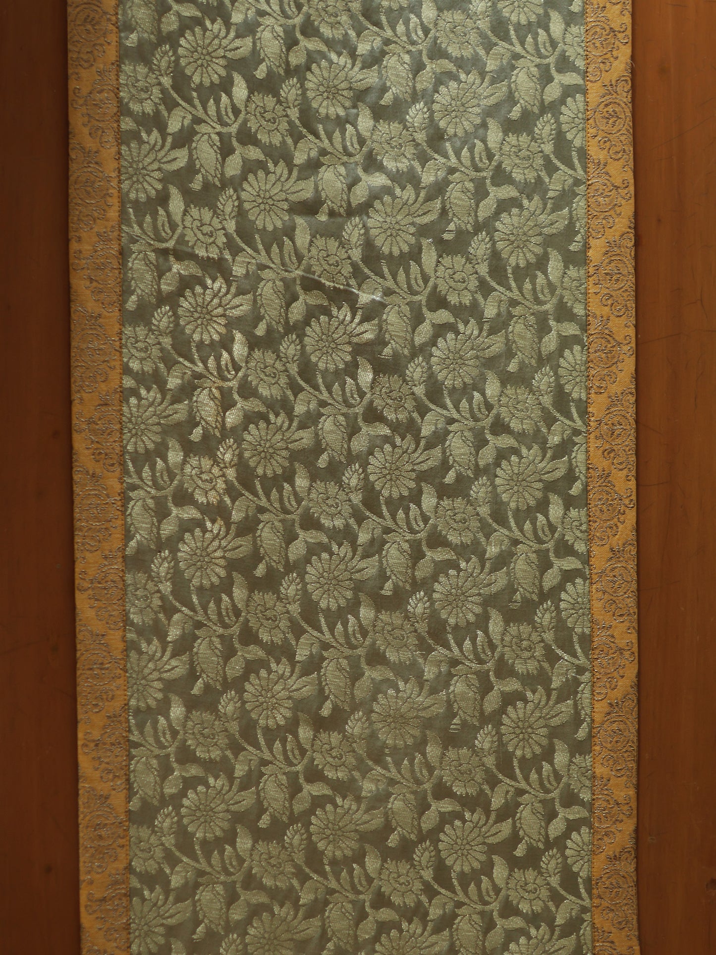 Brocade Table Runner with Golden zari and Tassels, Grey| 12x84inch