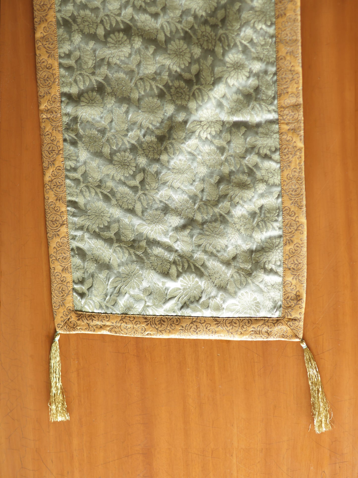 Brocade Table Runner with Golden zari and Tassels, Grey| 12x84inch