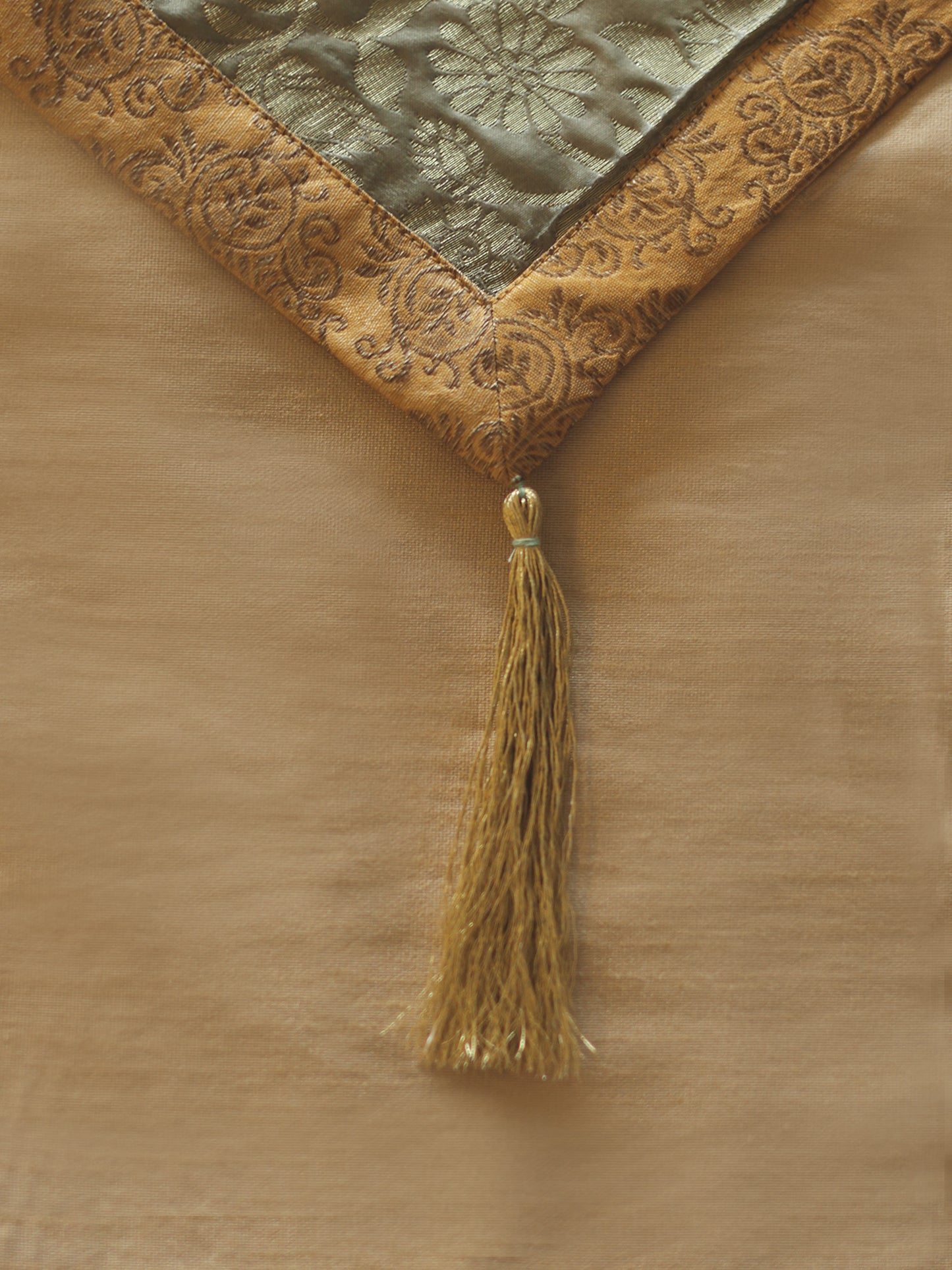 Brocade Table Runner with Golden zari and Tassels Grey| 12 x 84 inch