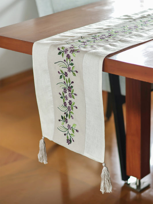 Golden Zari Broacade Table Runner with Tassels, Red| 12x84inch