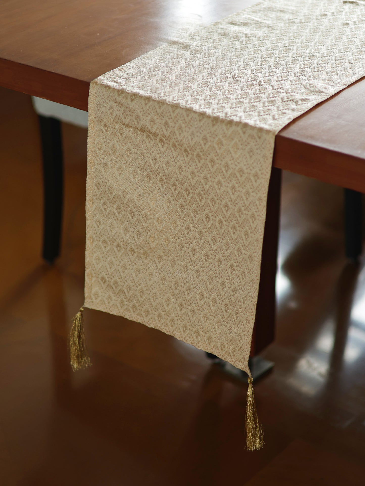 Golden Zari Brocade Table Runner with Tassels, Cream|12x48inch