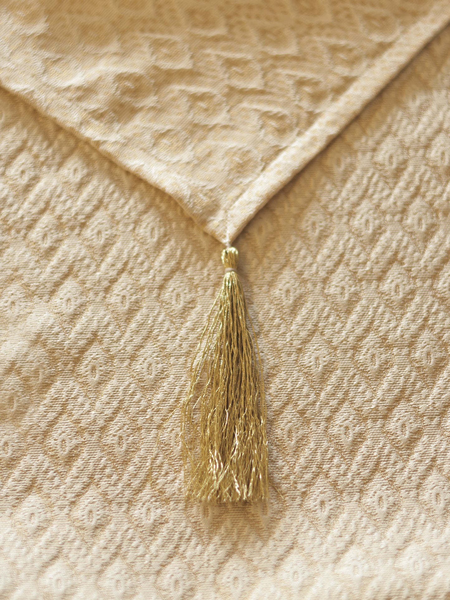 Golden Zari Brocade Table Runner with Tassels, Cream|12x48inch