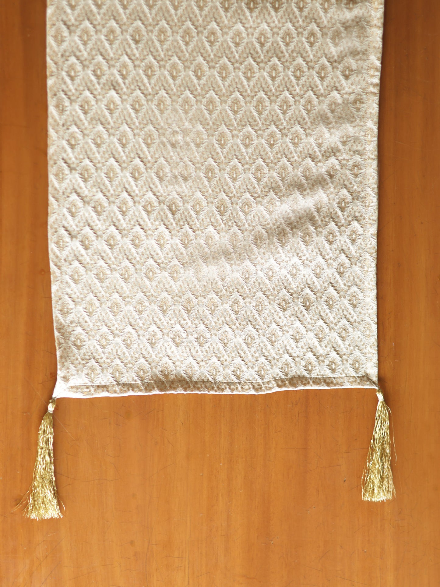 Golden Zari Brocade Table Runner with Tassels, Cream|12x48inch