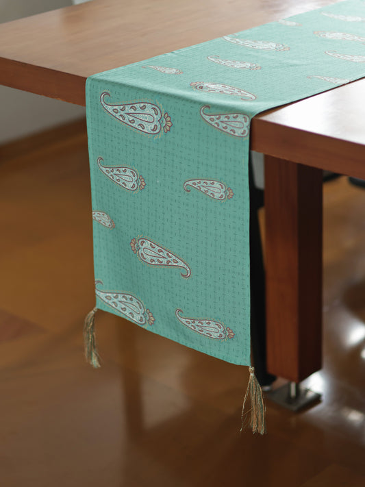Paisley Printed Green Polycotton Table Runner With Hand Tassels | 12 Inch x 84 Inch