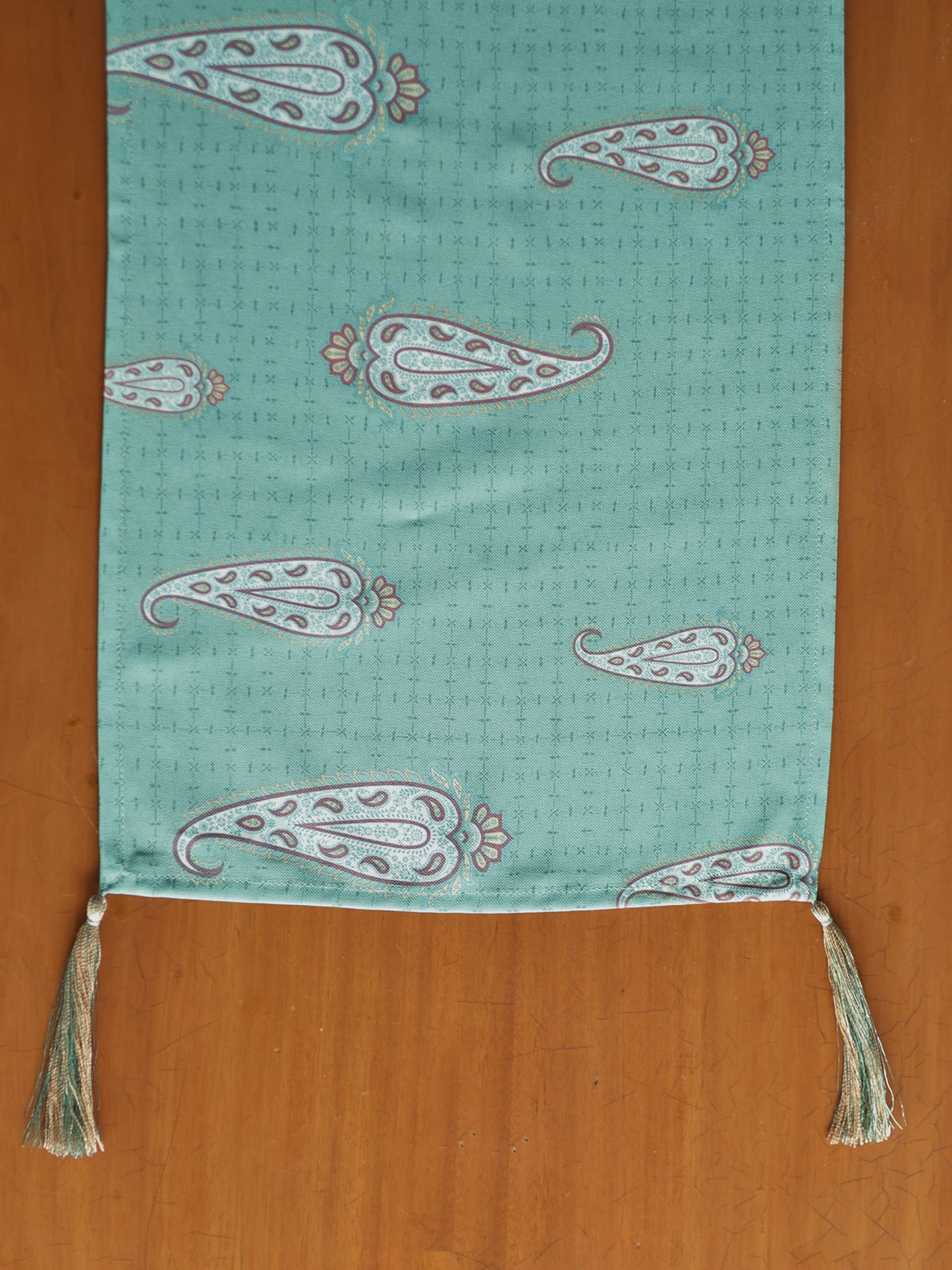 Paisley Printed Green Polycotton Table Runner with Hand Tassels| 12x84inch
