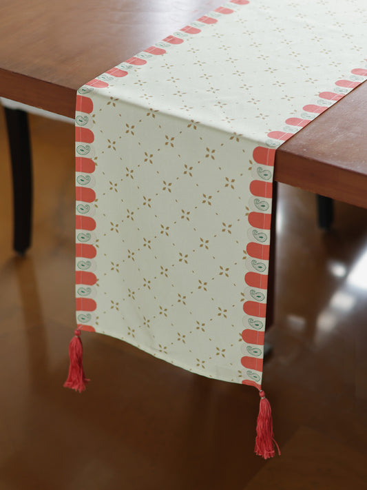 Printed Polycotton Yellow Table Runner with Hand Tassels, 12x84inch
