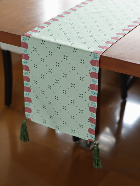 Printed Polycotton Green Table Runner with Hand Tassels | 12 Inch x 84 Inch