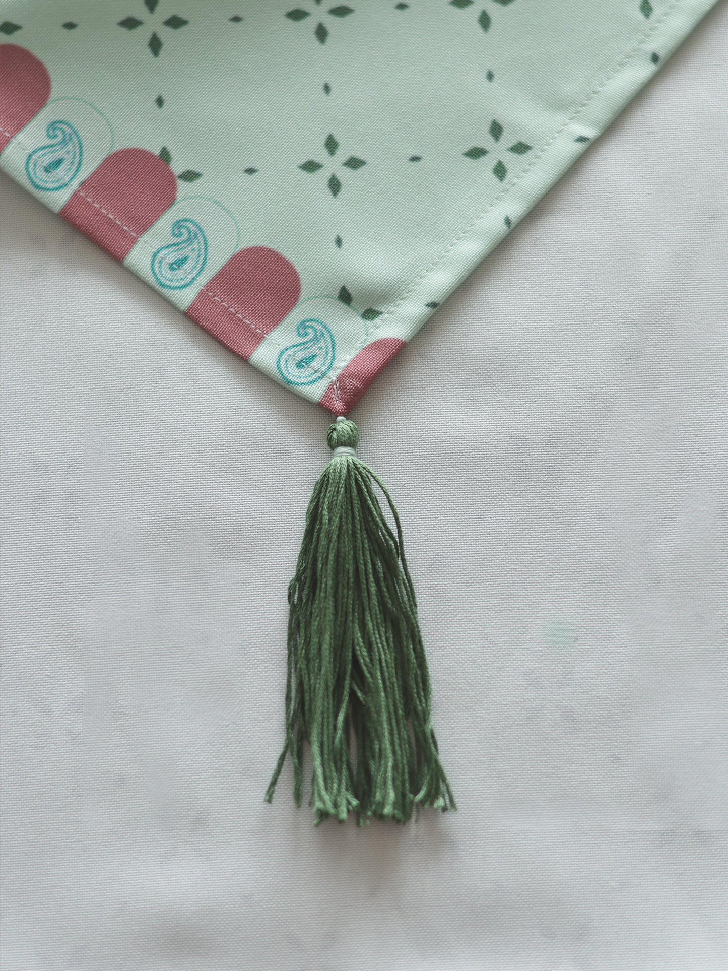 Printed Polycotton Green Table Runner with Hand Tassels, 12x84inch