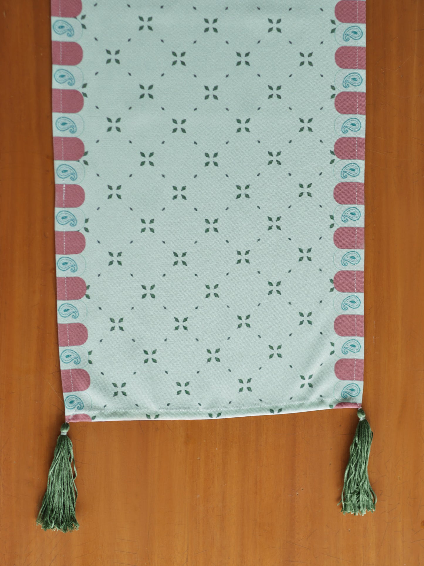 Printed Polycotton Green Table Runner with Hand Tassels | 12 Inch x 84 Inch