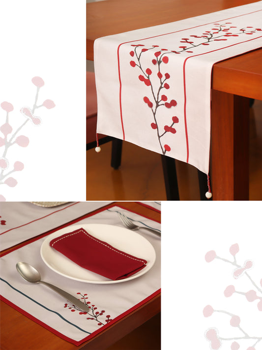 Floral Embroidered Dining Table Mats 13 Inch x 18 Inch | Napkin 16 Inch x 16 Inch | Red & Grey |Set of 6 | Zari Hand Embroidered Dinning Table Runner with Tassels 12 Inch x 84 Inch