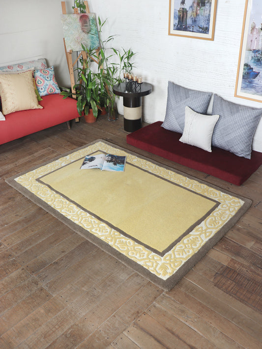 Carpet Hand Tufted 100% Woollen Ornamental Border Gold Brown - 4ft X 6ft