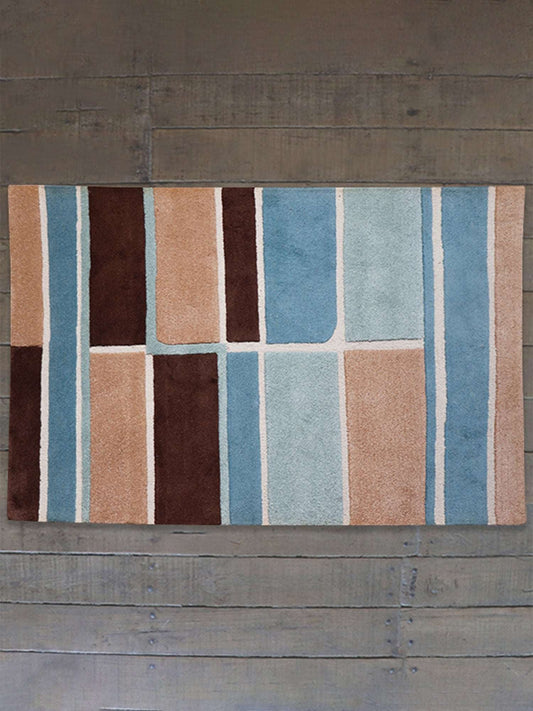 Carpet Hand Tufted 100% Woollen Multi Light Blue And Off White Block - 4ft X 6ft