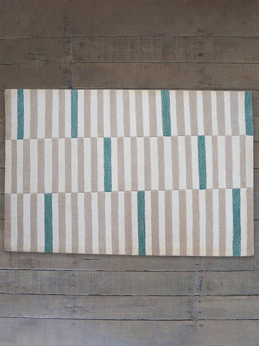 Carpet Hand Tufted 100% Woollen Beige And Brown And Turquoise Geometric Pattern - 4ft X 6ft