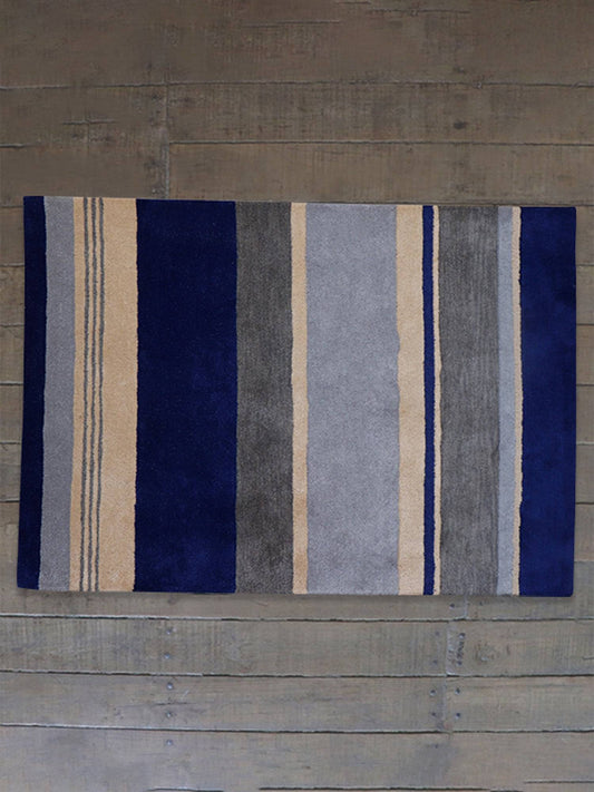 Carpet Hand Tufted 100% Woollen Off White Navy Grey Stripes Nautical - 4ft X 6ft
