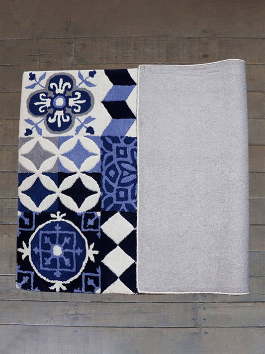 Carpet Hand Tufted 100% Woollen Tile Patchwark Off White Blue - 4ft X 6ft