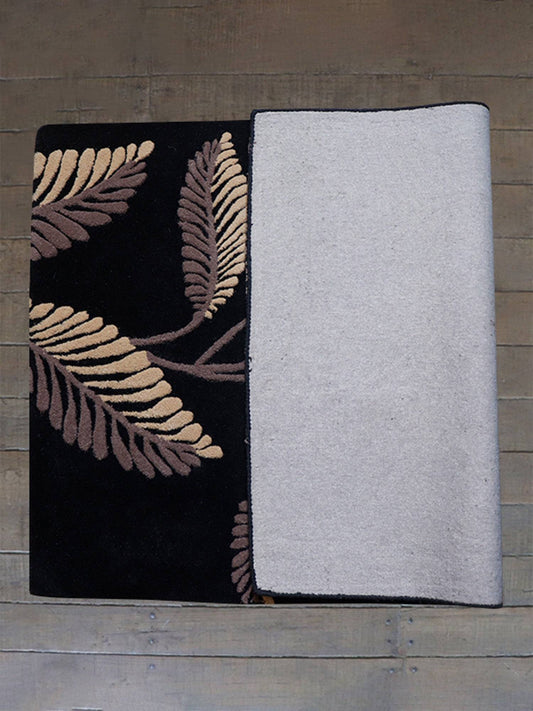 Carpet Hand Tufted 100% Woollen Leaf Black Beige - 4ft X 6ft