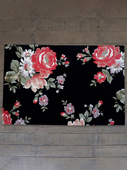 Carpet Hand Tufted 100% Woollen Floral Vintage Black - 4ft X 6ft