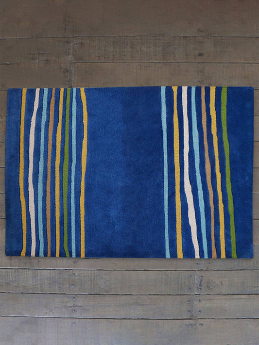 Carpet Hand Tufted 100% Woollen Blues Green Yellow Striped - 4ft X 6ft