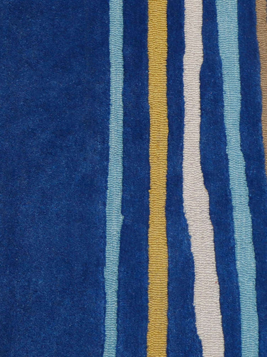 Carpet Hand Tufted 100% Woollen Blues Green Yellow Striped - 4ft X 6ft