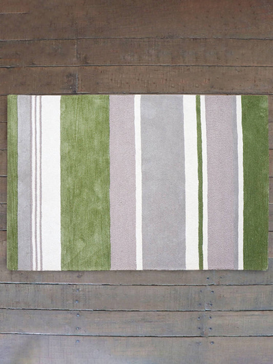 Carpet Hand Tufted 100% Woollen Mushroom, Green And Brown Stripes - 4ft X 6ft