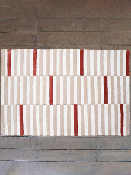 Carpet Hand Tufted 100% Woollen Geometric Lines Offwhite, Mushroom And Terra - 4ft X 6ft