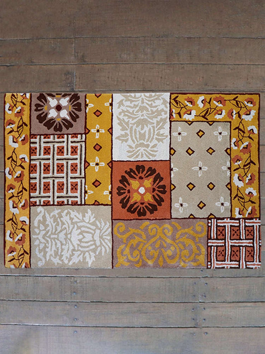 Carpet Hand Tufted 100% Woollen Mustard, Gold And Rust Patchwork - 4ft X 6ft