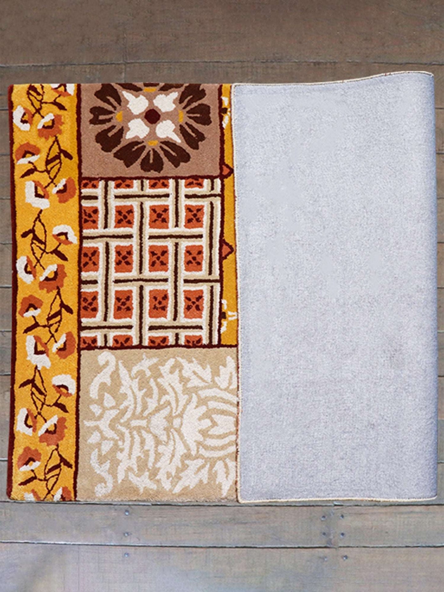 Carpet Hand Tufted 100% Woollen Mustard, Gold And Rust Patchwork - 4ft X 6ft