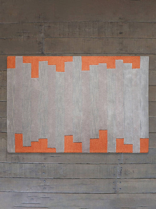 Carpet Hand Tufted 100% Woollen Off White Red Grey Block - 4ft X 6ft