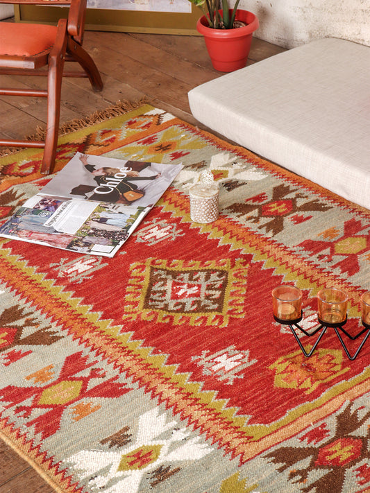 Dhurrie Abstract Kilim Handwoven Woolen for Floor, Living Room & Bedroom | Multi - 3x5 feet