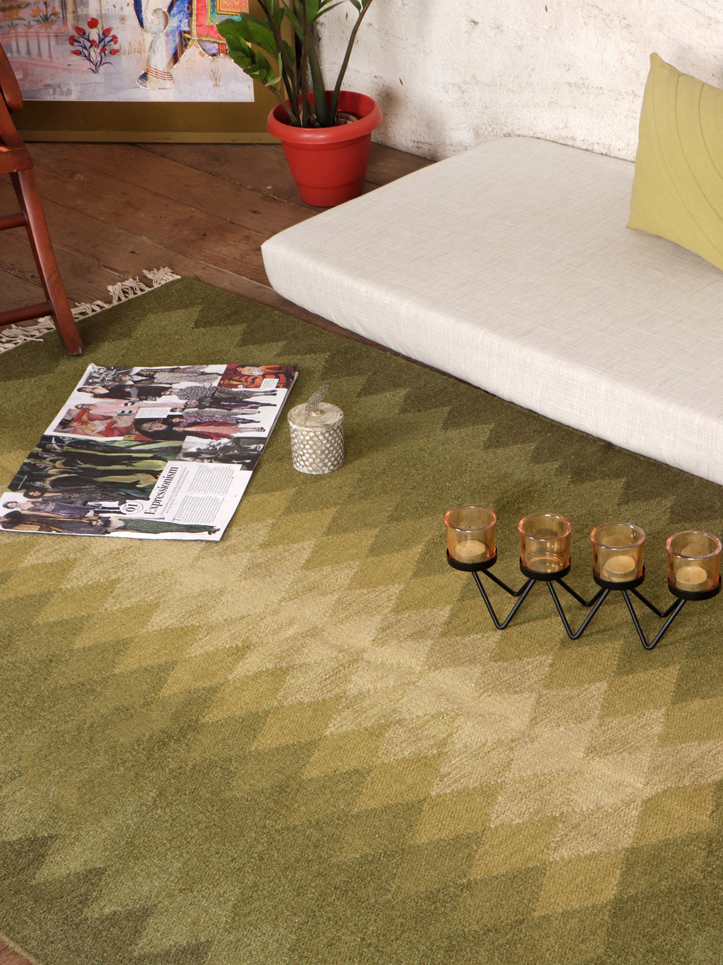 Dhurrie Abstract Handwoven Woolen for Floor, Living Room & Bedroom | Green - 4x6 feet