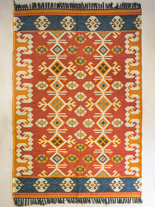 Hand Woven Ethnic Geometric Dhurrie | 100% Wool | Living Room | Bedroom | 4 ft x 6 ft